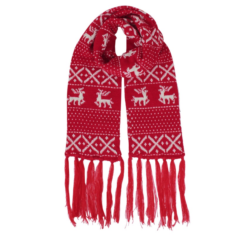 Felice Ann womens Christmas Reindeer Snowflake Fall Winter Warm Knit Long Scarf, Tassels Red, One Size - Image 2